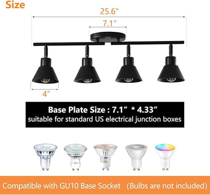 Modern 4-Light Track Lighting Fixture, Black Metal Ceiling Spotlight with Flexible Rotatable Heads, GU10 Base Directional Track Light for Kitchen, Hallway, Living Room & Gallery