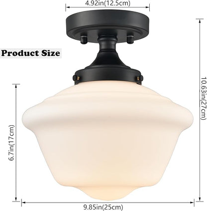 SAMTEEN Modern Black Semi Flush Mount Ceiling Light Schoolhouse Light Fixtures White Glass Ceiling Light Matte Black Flush Mount Light for Bedroom Hallway Kitchen Foyer Living Room
