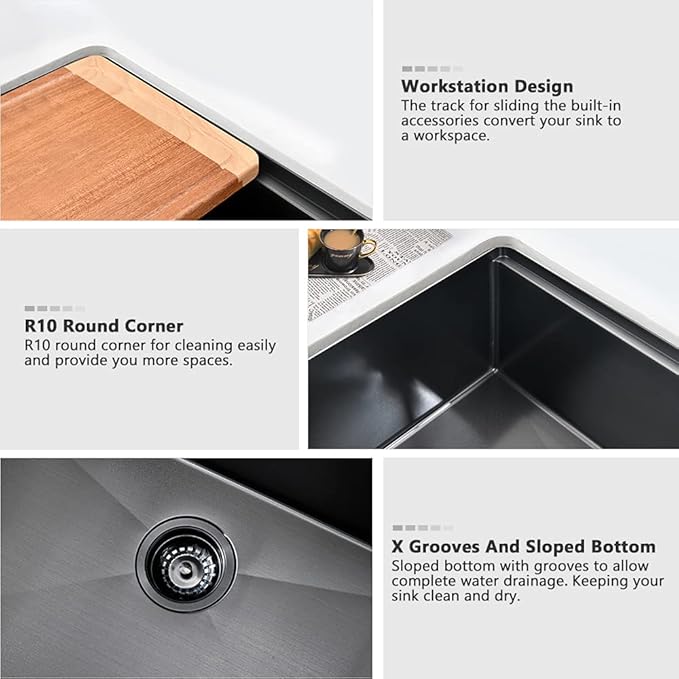28 Inch Black Undermount Kitchen Sink Workstation-VASOYO 28x19 Black Stainless Steel Kitchen Sink Undermount Workstation Sinks 16 Gauge 304 Stainless Single Bowl Deep Sinks with Cutting Board