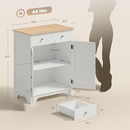HOMCOM Sideboard Buffet Cabinet with Solid Wood Countertop, Modern Kitchen Storage Cabinet, Coffee Bar Cabinet with 2 Drawers, Doors and Adjustable Shelf, White