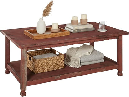 Rustic Rectangluar Coffee Table w/ 1 Shelf, Red Antique, Distressed Finish, Farmhouse Style, Accent Home Decor Living Room Furniture, Hardwoods (Pine/Acacia), Durable, 42 in. W x 24 in. D x 18 in. H