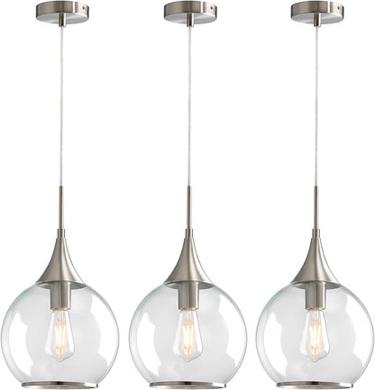 Pendant Lights Kitchen Island: 3 Pack Brushed Nickel Light Fixture Modern with Clear Glass - 10 Inch Mid Century Globe Kitchen Lighting Fixtures Ceiling for Bar
