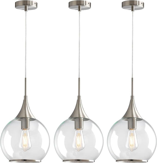 Pendant Lights Kitchen Island: 3 Pack Brushed Nickel Light Fixture Modern with Clear Glass - 10 Inch Mid Century Globe Kitchen Lighting Fixtures Ceiling for Bar