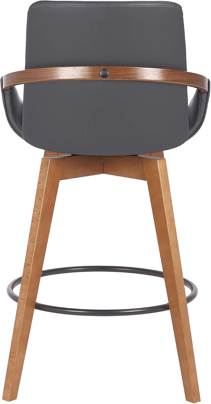 Armen Living Baylor Mid Century Modern Swivel Bar Stool for Kitchen Island Counter in Gray Faux Leather and Walnut Wood, 26" Seat Height
