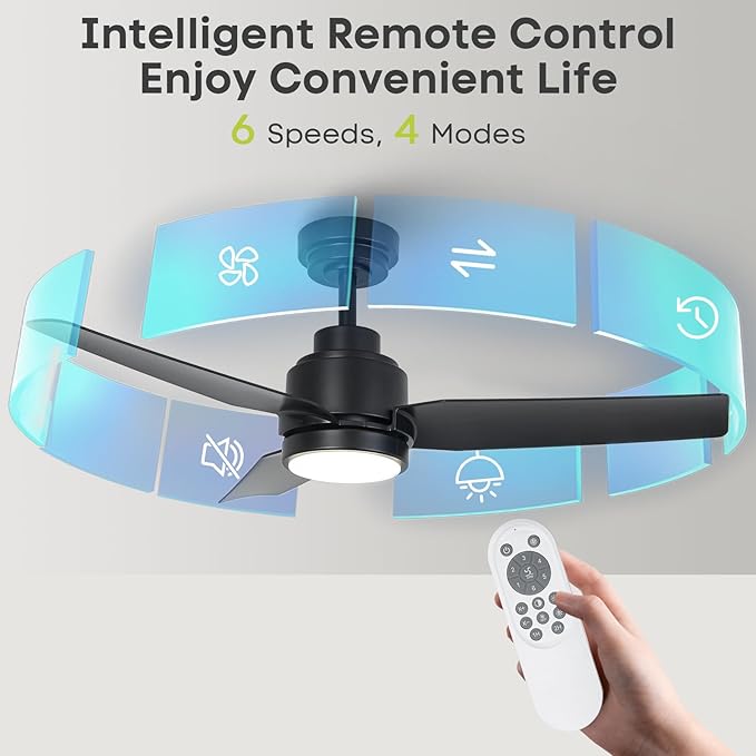 42 Inch Black Ceiling Fans with Lights and Remote/APP, Modern Ceiling Fan for Living Room Outdoor Ceiling Fan 6-Speed Adjustable Reversible DC Motor Timer Noiseless 3CCT Dimmable for Bedroom Office