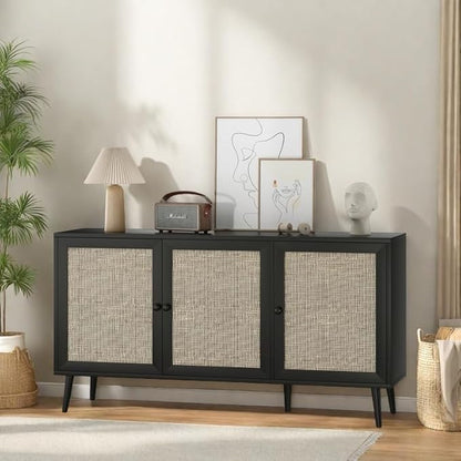 FONTOI Rattan Entryway Table, Entertainment Center with Adjustable Shelf, Sideboard Buffet Cabinet with 3 Rattan Doors, Modern Console Cabinet with Large Storage for Living Room, Kitchen, Black