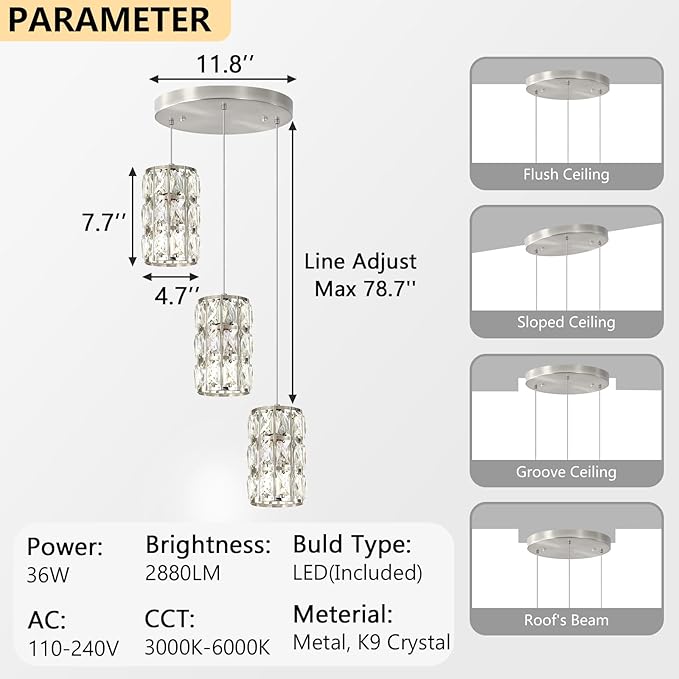 3-Lights Modern Crystal Pendant Lights for Kitchen Island LED Dimmable Glam Pendant Lighting Chandelier for Dining Room Hallway Corner Lamp Nickel
