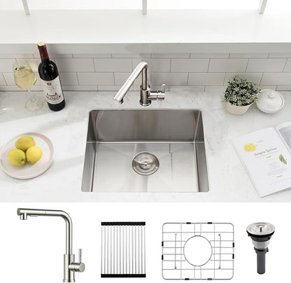 20 Inch Undermount Kitchen Sink with Faucet Combo - SZBAQTM 20"x19"x10" Stainless Steel Undermount Sink Single Bowl 18 Gauge Handmade Design sink with Pull-Out Faucet