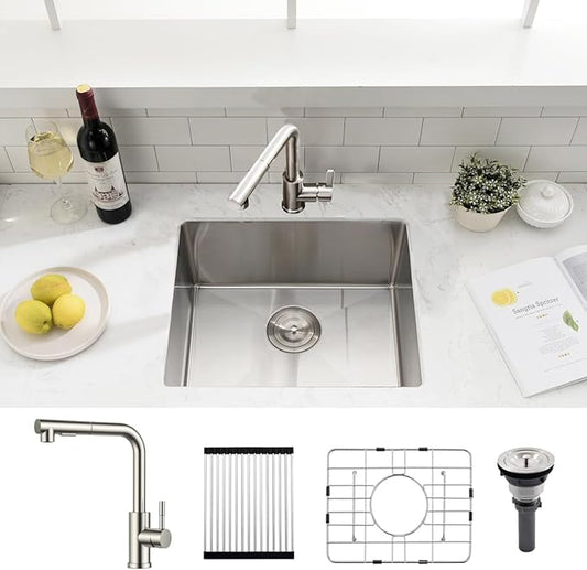 20 Inch Undermount Kitchen Sink with Faucet Combo - SZBAQTM 20"x19"x10" Stainless Steel Undermount Sink Single Bowl 18 Gauge Handmade Design sink with Pull-Out Faucet