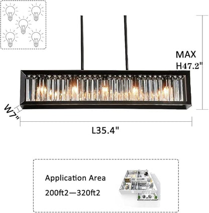 Crystal Black Chandeliers for Dining Room, Modern Linear Chandelier with 5 Light, Rectangle Farmhouse Semi Flush Mount Ceiling Pendant Light Fixture for Kitchen Island
