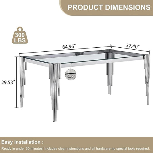 Modern Rectangle Glass Dining Table, 65" Clear Tempered Glass Desktop with Silver Mirrored Stainless Steel Legs, Stylish Elegant for 6 People, for Kitchen, Living Room, Office
