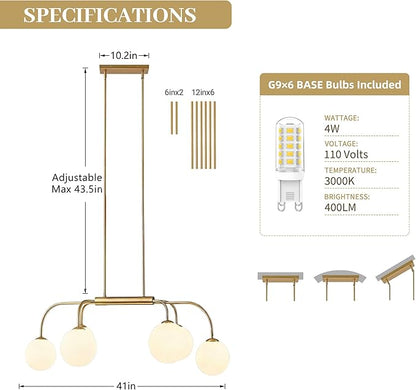 LamQee 41 Inch Mid Century Modern Linear Chandelier, 6 Lights Milk Glass Globe Chandeliers Light Fixture with Gold and White Ball, Large Pendant Lighting Ceiling Hanging for Dining Room Kitchen Island