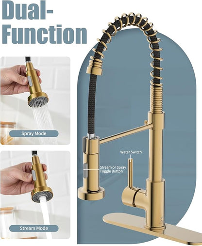 Kitchen Faucet, Brushed Gold Kitchen Faucet with Soap Dispenser and Deck Plate, Faucet for Camper Farmhouse RV Kitchen Sink, Single Handle Stainless Steel Kitchen Sink Faucets with Pull Down Sprayer