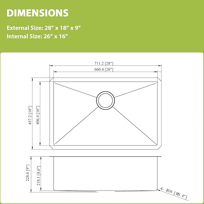 28x18 Undermount Kitchen Sink-28 Inch Stainless Steel Sinks 304 18 Gauge Single Bowl kitchen sinks 9" Deep Basin