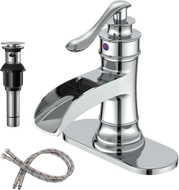 BWE Chrome Waterfall Bathroom Faucet, Single Handle One Hole Sink Faucet with Pop Up Drain and Water Supply Line for Vanity Basin, Solid Brass Construction