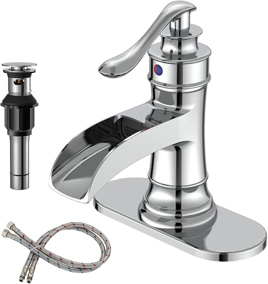 BWE Chrome Waterfall Bathroom Faucet, Single Handle One Hole Sink Faucet with Pop Up Drain and Water Supply Line for Vanity Basin, Solid Brass Construction