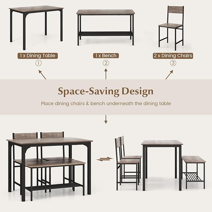 LDAILY Dining Table Set for 4, 4-Piece Wooden Kitchen Table and Chairs with Bench, Storage Rack & Metal Frame, Industrial Dining Room Table Set of 4 for Small Space, Apartment, Kitchen (Gray)