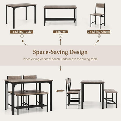 LDAILY Dining Table Set for 4, 4-Piece Wooden Kitchen Table and Chairs with Bench, Storage Rack & Metal Frame, Industrial Dining Room Table Set of 4 for Small Space, Apartment, Kitchen (Gray)