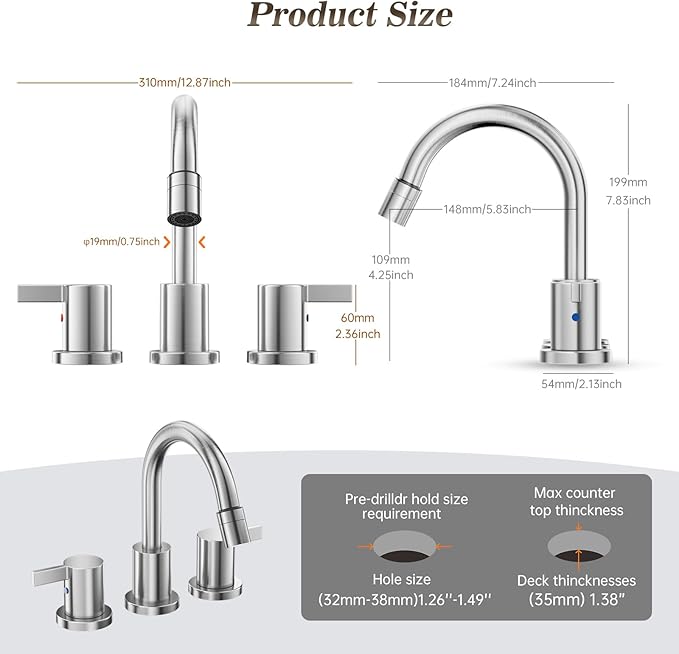 Phiestina Pull Down Sprayer Brushed Nickel Widespread Bathroom Sink Faucet, 8 Inch 2 Handles 3 Hole Pull Out Bathroom Faucet,with Pop Up Drain and Water Supply Line,BF04022-K01-GBN