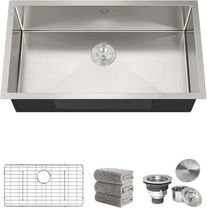 Kitchen Sinks 32x18 Inch Undermount Kitchen Sink Stainless Steel Sink 16 Gauge Single Bowl Set (5 Item Bundle: Sink, Bottom Grid, Drain Assembly, Drain Cap, Towel)
