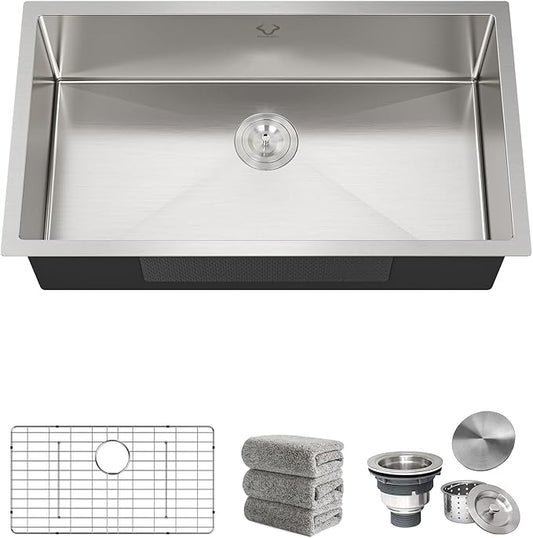 Kitchen Sinks 32x18 Inch Undermount Kitchen Sink Stainless Steel Sink 16 Gauge Single Bowl Set (5 Item Bundle: Sink, Bottom Grid, Drain Assembly, Drain Cap, Towel)