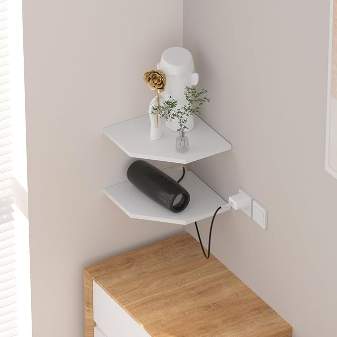 JJL Corner Shelf, 12 Inch Corner Shelf Wall Mounted with Wire Hole, 4 Tier 13.3 Inch Deep Wooden Corner Hanging Shelves for Wall Storage, for Speaker, Cable Box, White