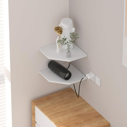 JJL Corner Shelf, 12 Inch Corner Shelf Wall Mounted with Wire Hole, 4 Tier 13.3 Inch Deep Wooden Corner Hanging Shelves for Wall Storage, for Speaker, Cable Box, White
