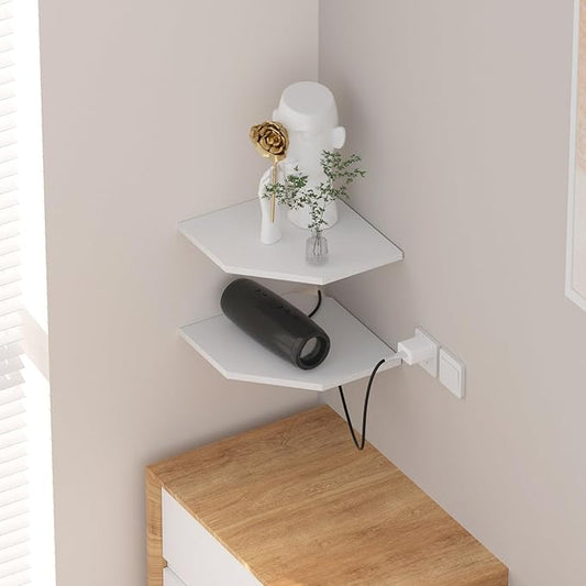 JJL Corner Shelf, 12 Inch Corner Shelf Wall Mounted with Wire Hole, 4 Tier 13.3 Inch Deep Wooden Corner Hanging Shelves for Wall Storage, for Speaker, Cable Box, White