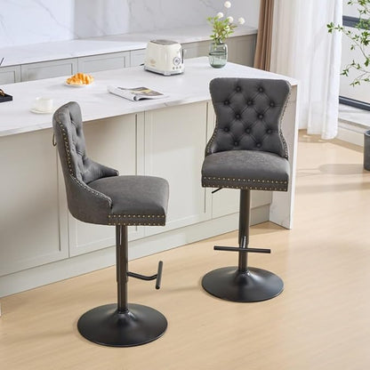Set of 2 Thick Chrome Swivel Velvet Barstools,Adjustable 25-33" Height,with17.7 Base,Sponge&Spring Seat,for Home Pub&Kitchen Island(Blue) (Black + PU Leather + Foam)