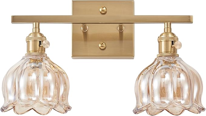 2-Light Amber Tulip Glass Vanity Light, Brushed Gold Vintage Bathroom Wall Sconce, 14.5" Antique Brass Wall Lamp for Mirror, Powder Room, Bedroom (Individual Rotary Switches, Bulbs Not Included)