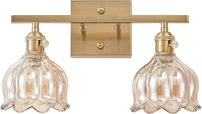 2-Light Amber Tulip Glass Vanity Light, Brushed Gold Vintage Bathroom Wall Sconce, 14.5" Antique Brass Wall Lamp for Mirror, Powder Room, Bedroom (Individual Rotary Switches, Bulbs Not Included)