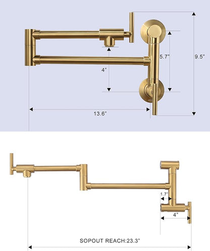 WOWOW Gold Pot Filler Faucet: Single Hole Wall Mount Stove Faucet, Brass Pot Filler Two Attachment with Double Joint Swing Arms