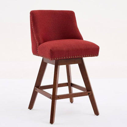 Comfortable Upholstered Swivel Bar Stool with Wooden Legs and Soft Fabric Seat for Kitchen Island or Home Bar Use (Wine RED + Wood+Fabric + Foam)