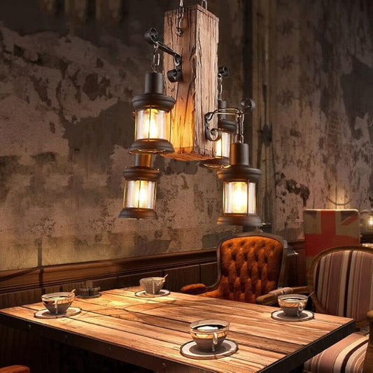 4 Lights Wooden Hanging Pendant Light, Industrial Vintage Wood Ceiling Light Hanging, Retro Rustic Country Chandelier Dinning Table Lamp Suspension Lighting Fixture for Coffee Shop Restaurant