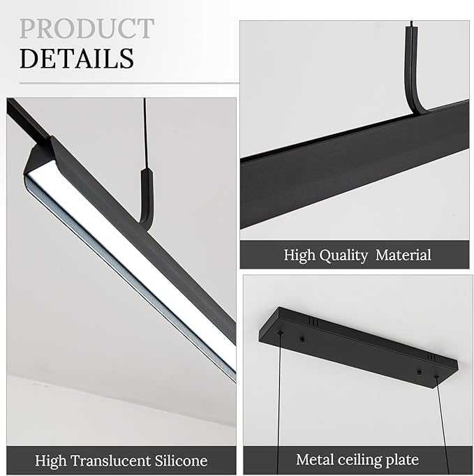Modern Black Linear LED Pendant Light with Remote Control, 45" 16W 3-Color Temp Stepless Dimmable Island Pendant Lights, Hanging Adjustable Minimalist Pendant for Dining Room Kitchen Bar