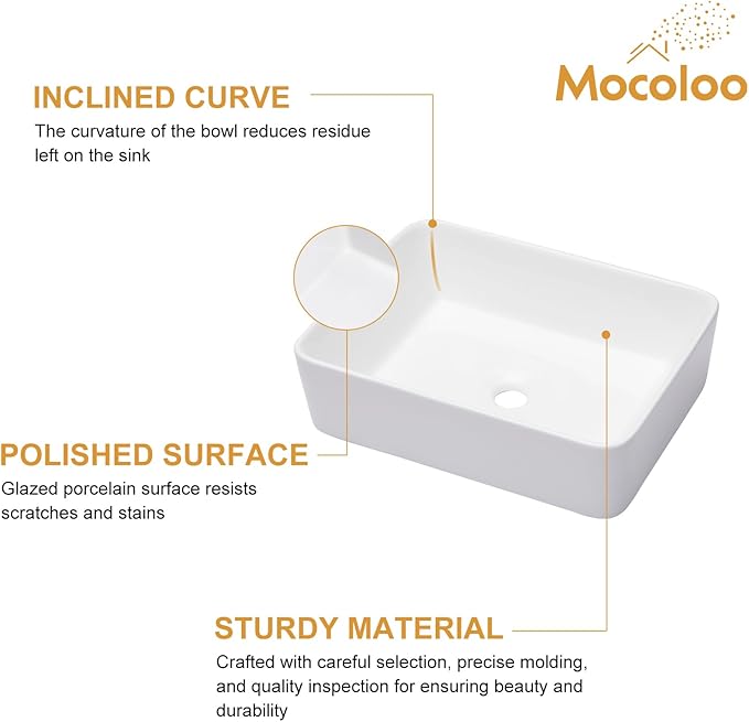 Mocoloo Rectangle Vessel Sink 19"x15" Ceramic Bathroom Sinks White Porcelain Lavatory Small Vanity Sink Basin without Overflow Drain Above Countertop Installation