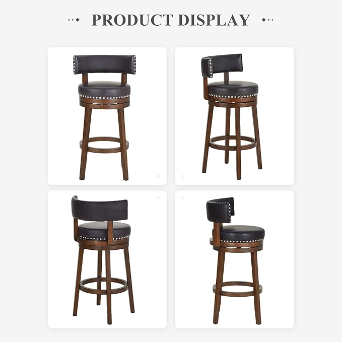 COLAMY Swivel Bar Stool, 30 Inch Counter Height Bar Stool, Wood Modern Upholstered Wooden Barstool with Back for Kitchen Island Dining Room Bar, Dark Brown