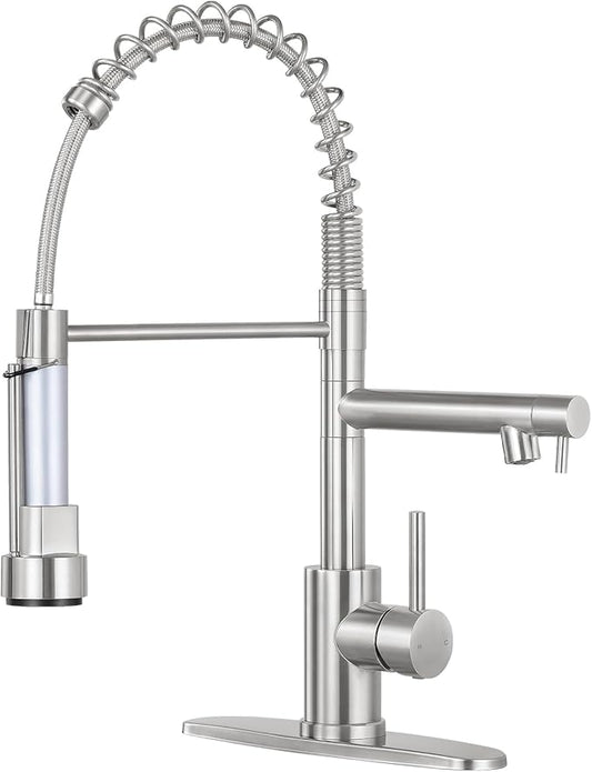 Kitchen Faucets with Pull Down Sprayer, Single Handle Double Headed, Stainless Steel Commercial Kitchen Sink Faucet with Deck Plate Cover, 1 or 3 Hole, Brushed Nickel