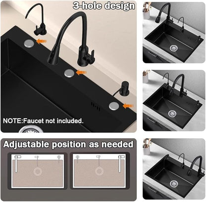 26.8 * 17.7in Drop In Kitchen Sink with 3 Holes,Black Topmount Stainless Steel Single Bowl Sinks With Drain basket & Soap dispenser