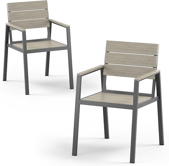 Vexwalx Outdoor Dining Chairs Set of 2, HDPS + Aluminum Patio Dining Chairs with Ergonomic Design and Wide Seat, 2 Piece Outdoor Chairs for Garden, Backyard, Deck (Gray)