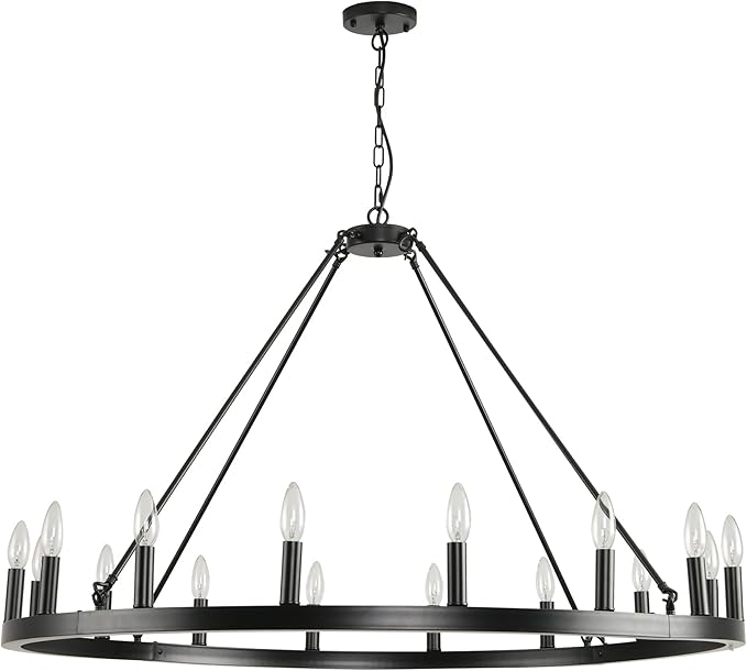 Black Wagon Wheel Chandelier Farmhouse: 16-Light 43 Inch Large Chandeliers for High Ceilings, Round Matte Black Chandelier for Dinning Room, Kitchen Island, Living Room, Foyer, Entryway