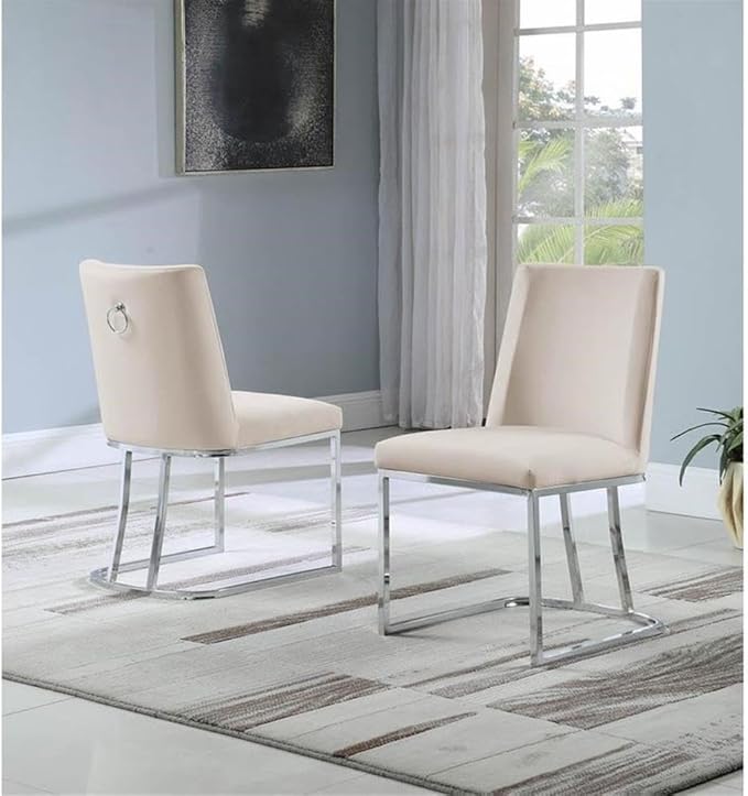 Modern Chairs Set of 2, Chrome Side Chairs & Counter Stools with Ring Pull Back, Luxury Upholstered Chairs for Kitchen Island, Dining Room & Home Bar (Velvet, Cream/Silver, Side Chair)