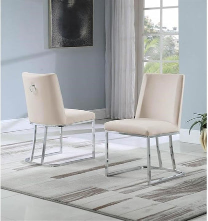 Modern Chairs Set of 2, Chrome Side Chairs & Counter Stools with Ring Pull Back, Luxury Upholstered Chairs for Kitchen Island, Dining Room & Home Bar (Velvet, Cream/Silver, Side Chair)