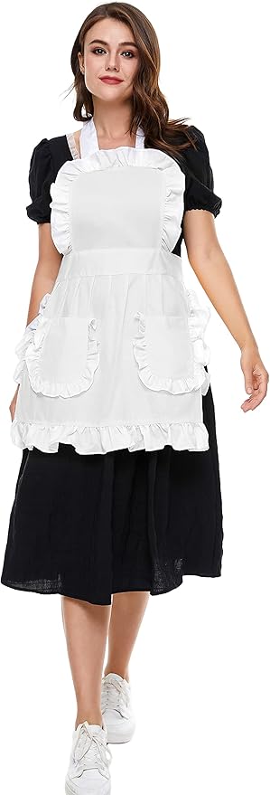 Women's Ruffles Outline Retro Pockets Apron Kitchen Cooking Cleaning Maid Costume (White)