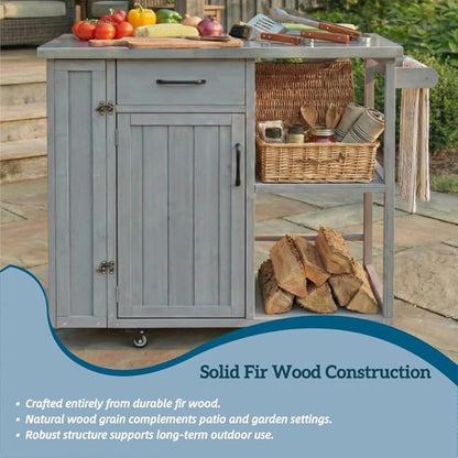 MERITLINE Outdoor Kitchen Island with Stainless Steel Top, Lockable Wheels & Towel Rack, Mobile BBQ Prep Cart with Hidden Cabinet, Drawer, Shelves for Patio, Garden, Backyard, Grey