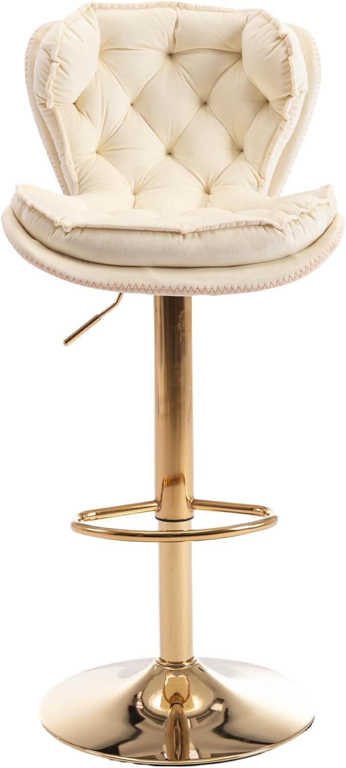 Rhomtree 24-33 Inch Swivel Bar Stools, Adjustable Counter Height Barstools, Velvet Back and Golden Footrest, Bar Chairs for Kitchen Island, Cafe, Bar, Bar Counter, Dining Room, Coffee(Cream Set of 6)