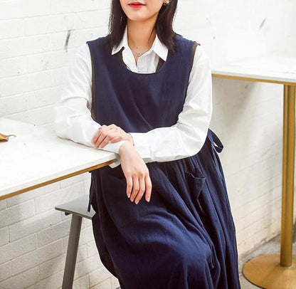 Women Plus Size Cotton Linen Vintage Pleated Split Apron Pinafore Dress with Two Pockets