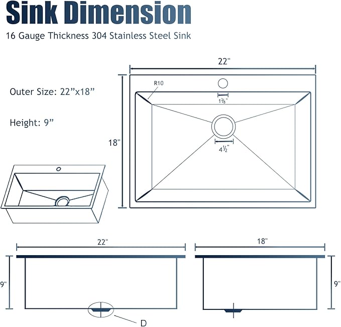 HOTIS 22x18 Inch Drop In Kitchen Sink, Stainless Steel Handmade Single Bowl Topmount Kitchen Sink, Brushed Nickel Prep Sink with Strainer