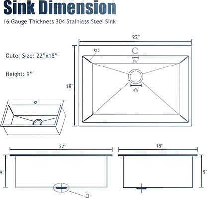 HOTIS 22x18 Inch Drop In Kitchen Sink, Stainless Steel Handmade Single Bowl Topmount Kitchen Sink, Brushed Nickel Prep Sink with Strainer