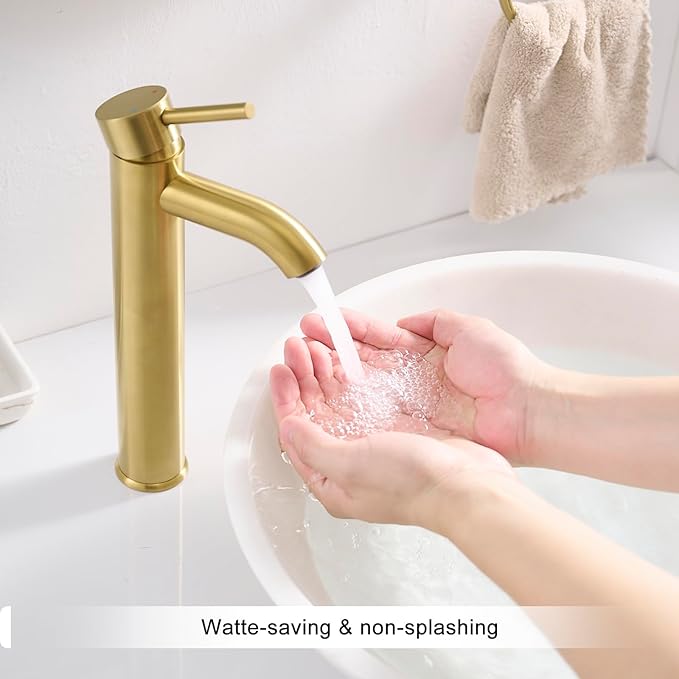 VOTON Brushed Gold Tall Bathroom Faucet, Single Handle Vessel Sink Faucet with Water Supply Hose and Pop Up Sink Drain